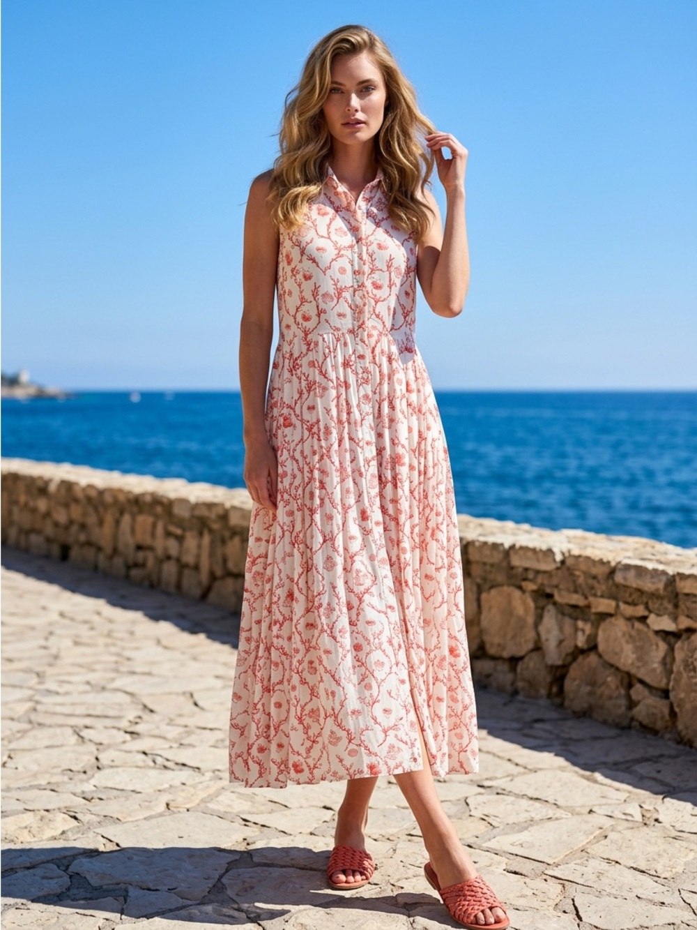 SALE Eloquii Cream Maxi Dress with Coral Print
